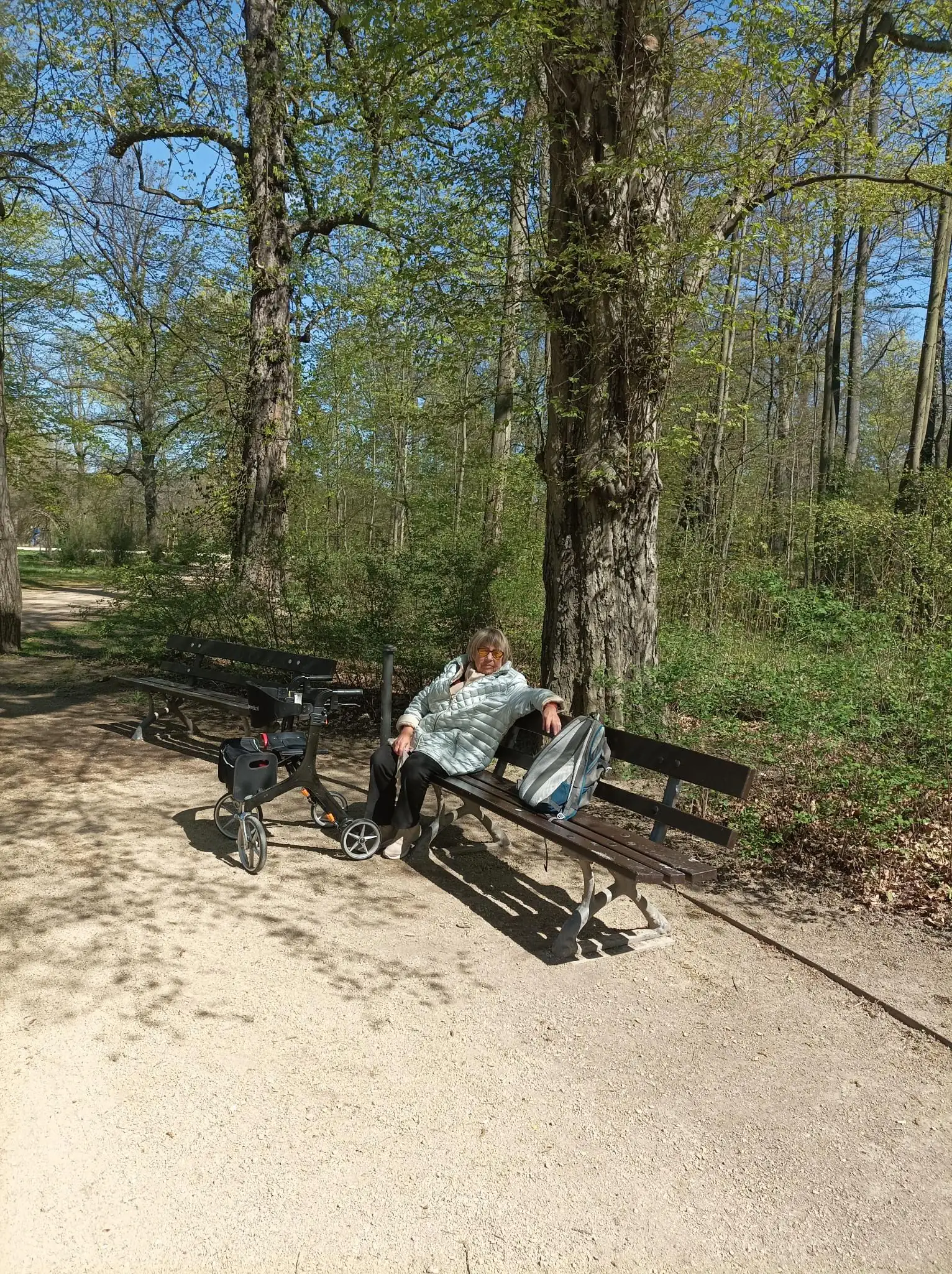 Eine ältere Frau sitzt lächelnd mit ihrem Rollator auf einer Bank in einem sonnigen Park.